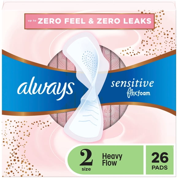 Always Sensitive FlexFoam Pads for Women, Size 2, Heavy Flow Absorbency, Unscented with Wings