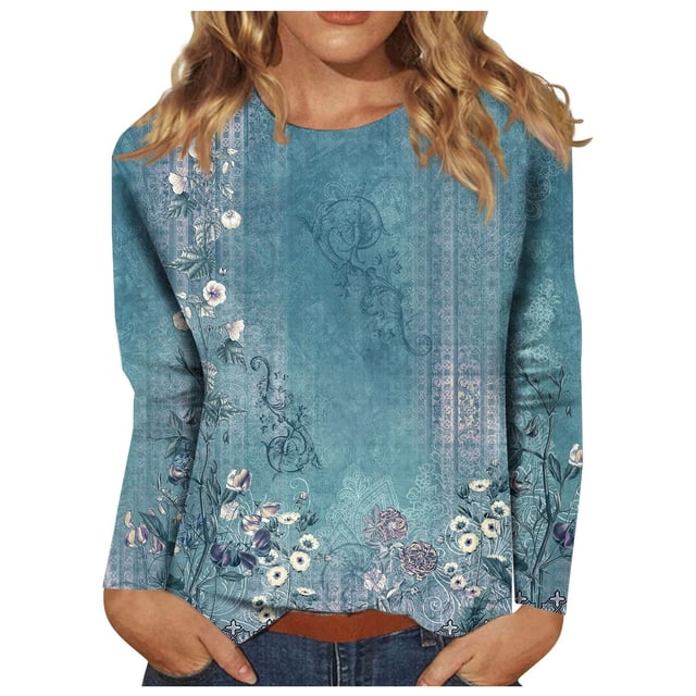 SNKSDGM Hauts à Manches Longues pour Femmes Décontractés Légers Hauts d'Entraînement à Manches Longues pour Femmes Grande Taille Mode Décontractée pour Femmes T-Shirt à Col Rond Imprimé à Manches Longues TTG