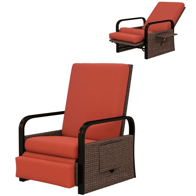 Outsunny Wicker Outdoor Recliner Chair, Lounge Chair with Side Tray, Red. This outdoor lounge chair features a stylish brown wicker frame with a red cushioned seat and backrest. The chair includes a 140° adjustable backrest with a minimum height of 28.3 inches (72 cm) from the ground and a lift-up footrest for full-body relaxation. It has a side tray for convenience, curved aluminum armrests, and non-slip foot pads. The cushion is long, padded, and has a removable, washable cover. Dimensions: 27.2 inches wide, 32.3 inches deep, and 40.2 inches high (69 x 82 x 102 cm). Weight capacity: 265 lbs (120 kg).