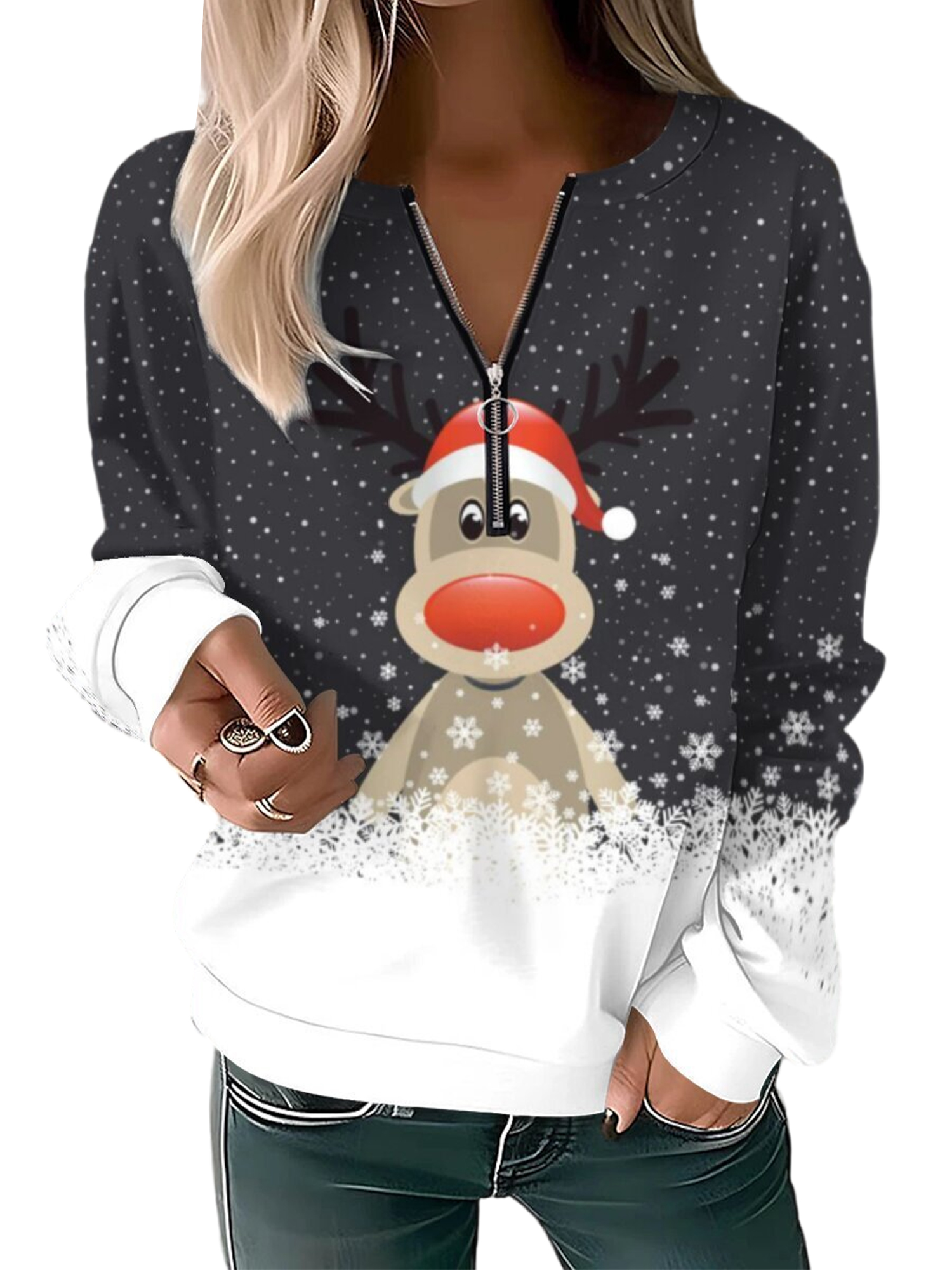 Innerwin Pull de Noël pour Femmes, Col en V, Décontracté, Noir TP
