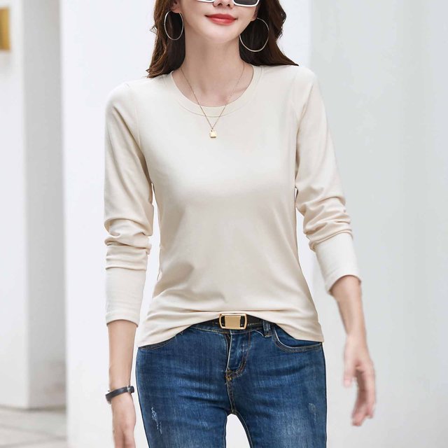 RXIRUCGD Hauts pour Femmes 2024 Col Rond Couleur Unie Chandail de Base Haut/chemise à Manches Longues à Col Rond, Beige, Taille : 3TG