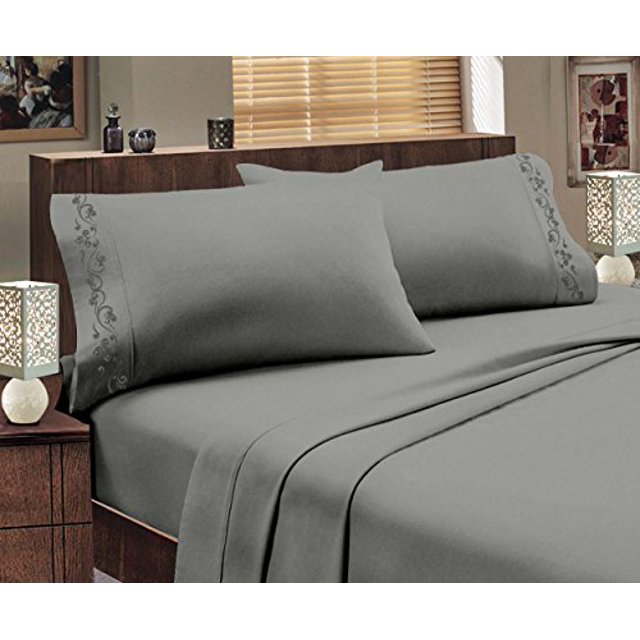 Italian Design 1800 Series Egyptian Comfort Super Soft Embroidery 4 Piece Sheet Set (Queen, Gray)