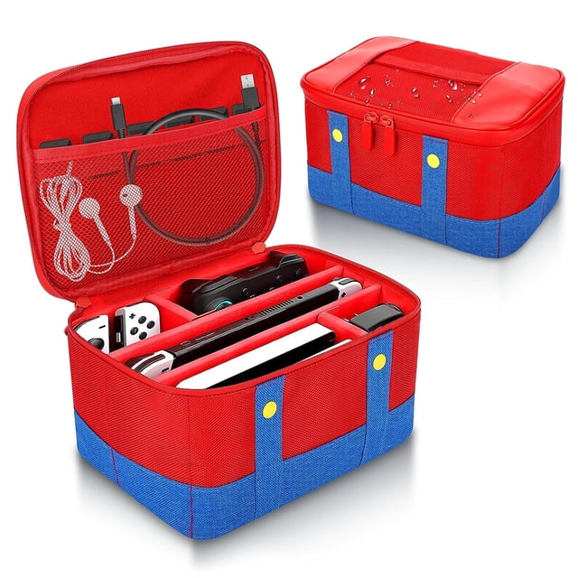 Grand Étui Protecteur de Transport pour Console OLED Pro de Nintendo Switch, Sac de Rangement de Voyage pour Accessoires de Switch. Étui Souple portable Rouge et Bleu Imperméable, Pratique pour le Voyage, avec Compartiments pour Organiser les consoles Nintendo Switch, Manettes et Accessoires. Comprend des Poches en Maille pour Câbles et Écouteurs, et un Extérieur en Tissu Oxford durable au design Inspiré du Jeu.