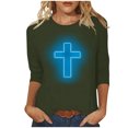 thumbnail image 1 of RKSTN Hauts pour Femmes Mode Décontractée Imprimé Crucifix Col Rond Manches 3/4 T-Shirt Couleur Unie Ajusté Blouse Printemps Été, 1 of 4