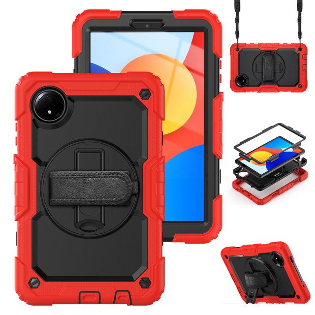 XYX For Xiaomi Redmi Pad SE 8.7 inch 2024, 360 Rotating Shockproof Cover with Stand, Screen Protector, Shoulder Strap, Red