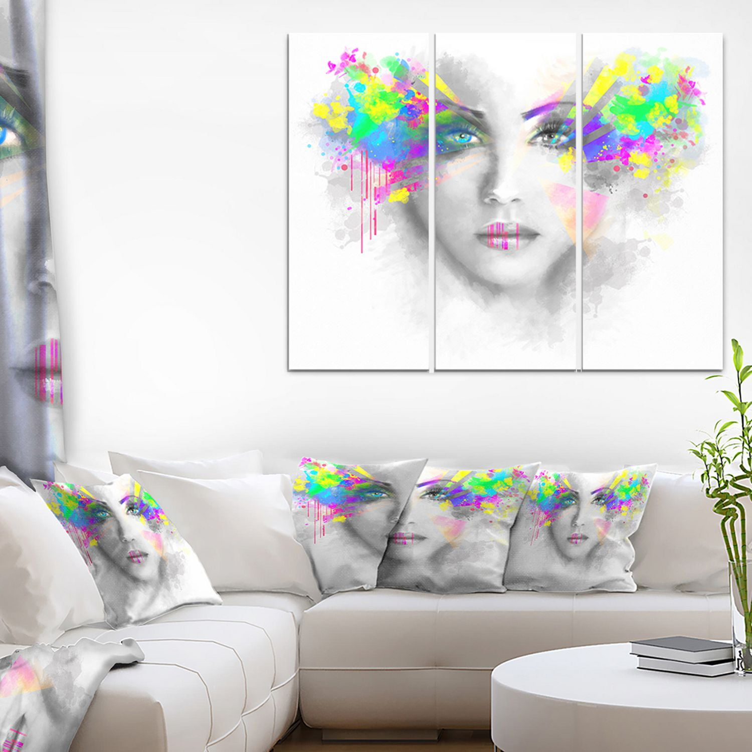 Design Art Gray Woman with Green Flowers Canvas Print