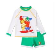 PMVFHDE Toddler Boys' 2-Piece Swim Set - Long Sleeve Rash Guard & High-Waist Quick-Dry Trunks with Cartoon Animal Print for Beach/Pool 5-Green,8-9 Years