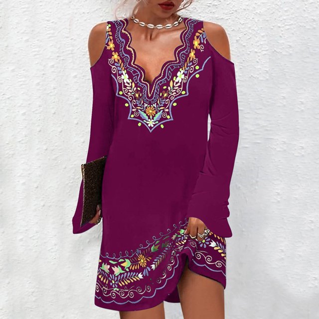 Pisexur Robe à Manches Longues à Col en V Longueur Genou Mode Femmes Imprimé Décontracté Col en V Manches Robe Épaules Dénudées Robe Femmes