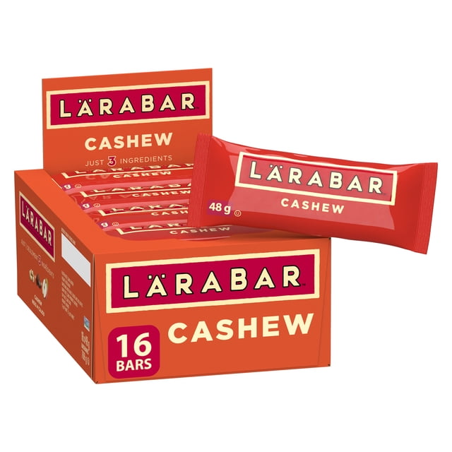 Larabar Gluten Free Cashew snack bars box containing 16 bars, each 48g, in red packaging with the Larabar logo and cashew flavor, made from just three ingredients: cashews, dates, and apples, gluten-free, vegan, and non-GMO, suitable for a simple nutritious snack.