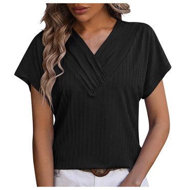 lcziwo Summer Tops for Women 2024 Trendy Ruffle Collar V Neck Blouse Basic Solid Color Tee Cute Elegant Office Tunic Shirts,Black,L