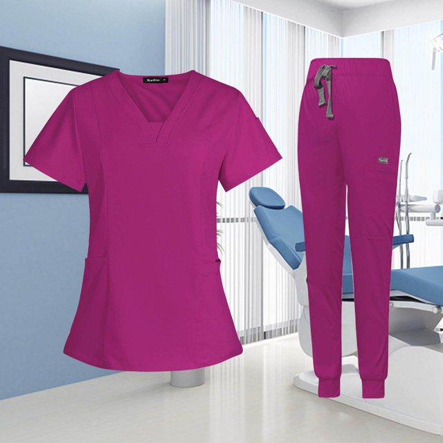 Dalazy Female Scrub Set Nurse v neckline Machine Washable Short Sleeves Suit S Rose Red