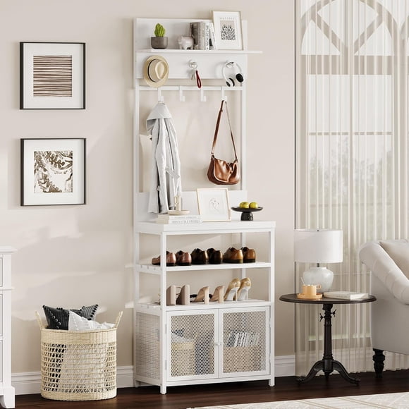 TROPOW Arbre d'Entrée Blanc de 72,8 Pouces avec Portes en Treillis – Portemanteau Étroit pour l'Entrée et Organisateur de Rangement pour Chaussures avec 7 Crochets, Étagère à Chaussures à 3 Niveaux et Rangement Supérieur pour Chambre, Vestibule Ou Appartement