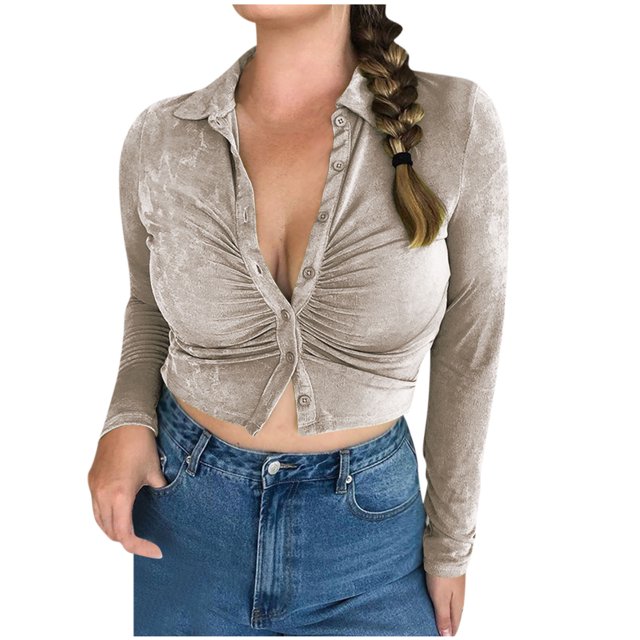 AherBiu Crop Tops for Women Trendy Long Sleeve Ruched Collared Button up Shirts Slim Tight Going out Tops