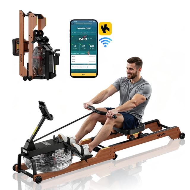 VEVOR Water Rowing Machine with a sapele wood finish, featuring a 14L water tank for 6-level adjustable resistance. The machine includes an ergonomic seat, non-slip handles, and dual-rail construction for smooth rowing. It supports up to 350 lbs and is foldable for space-saving storage. The LCD monitor displays strokes, time, distance, and calories, and it connects to the Kinomap app via Bluetooth for real-time tracking. A man is shown using the rower, and a smartphone screen displays the app interface.