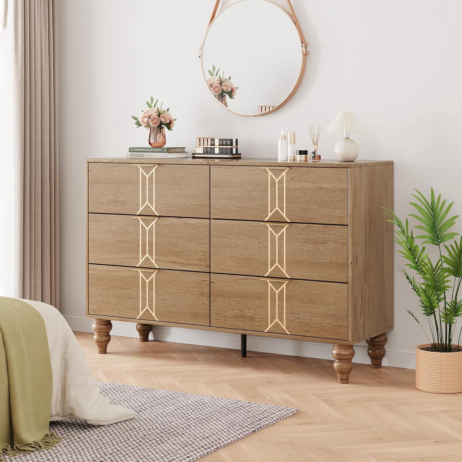 Modern Wooden 6 Drawer Dresser with Vintage Pattern Design, Chest Dresser with Deep Drawers for Bedroom, Living Room and Entryway, Oak and Gold