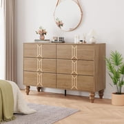 Modern Wooden 6 Drawer Dresser with Vintage Pattern Design, Chest Dresser with Deep Drawers for Bedroom, Living Room and Entryway, Oak and Gold