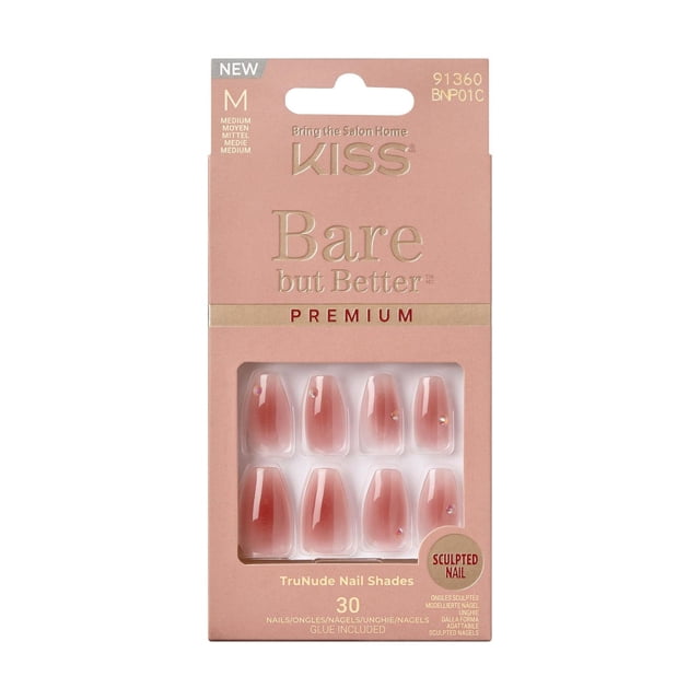 KISS Bare but Better Premium, Shine, Medium Coffin, 30 count false nails in soft pink with pearlized finish and subtle jeweled accents, displayed in a pink package with a clear window showing ten medium coffin-shaped sculpted nails with gel top coating shine.