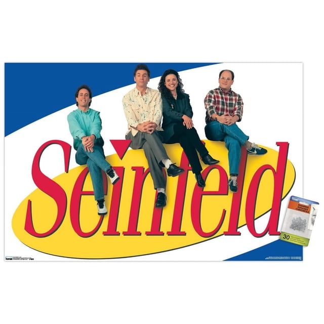Seinfeld - Logo Wall Poster, 22.375" x 34" featuring four seated figures above large red 'Seinfeld' text on a yellow oval with a blue and white background, printed on glossy paper by Trends International, ideal for bedroom, dorm, or office wall decor.