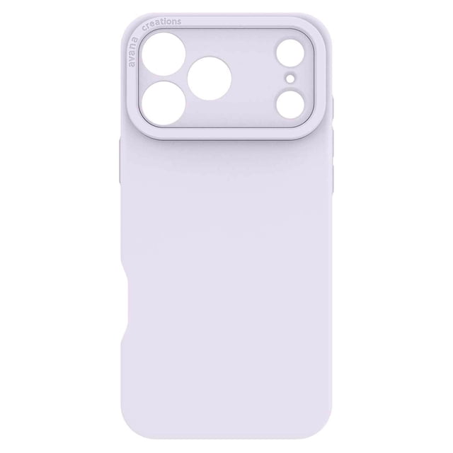 Avana Velvet MagSafe Case Lavender for iPhone 17 Pro shown in a centered back view with soft-touch silicone in lavender. Features raised metal camera bay protection, strap slot for charms, extra strong magnets for MagSafe, soft microfiber lining, raised edges for screen protection, and 10 ft. drop protection. Made with eco-friendly materials and suitable as a stylish protective accessory.