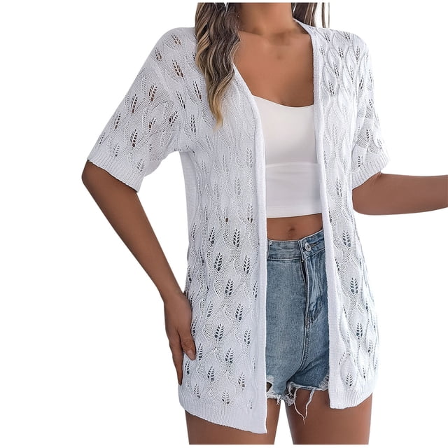 Timegard Womens Summer Tops Short Sleeve Hollow out Cover up Boho Open Front Knitted Cardigan Beach Wear