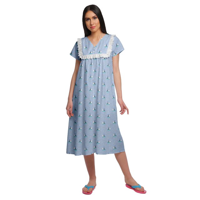 Moomaya Robe de Nuit à Manches Courtes Imprimée pour Femme, Col en V, en Coton