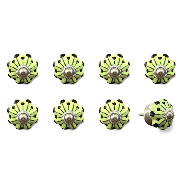 KNOB-IT vintage handpainted ceramic knobs 8 pack showing eight light green flower-shaped knobs with black dot accents and silver metal centers, one displayed from the side to reveal the bolt that can be trimmed to size, ideal for cabinets, drawers, and cupboards.