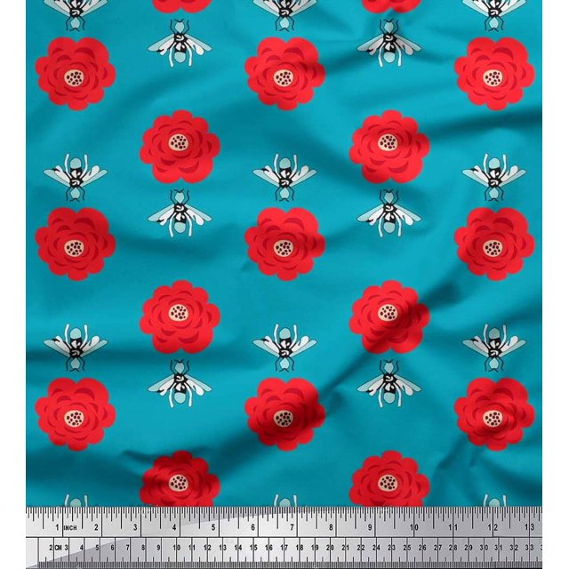 Soimoi Rayon Fabric Floral & Bee Insects Print Sewing Fabric Yard 42 Inch Wide