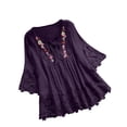thumbnail image 1 of AherBiu Hauts d'Été pour Femmes Décontractés Manches 3/4 Coton Lin Blouses Amples Dentelle Ajourée Boho Fluides, 1 of 5