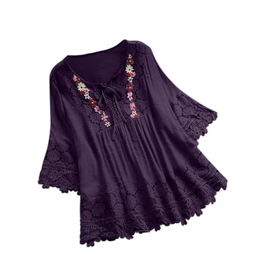 yoeyez Hauts Grande Taille pour Femmes Chemises Vintage en Patchwork de Dentelle Blouse à Nœud Col en V Broderie T-Shirt d'Été Floral Manches 3/4 Violet TG