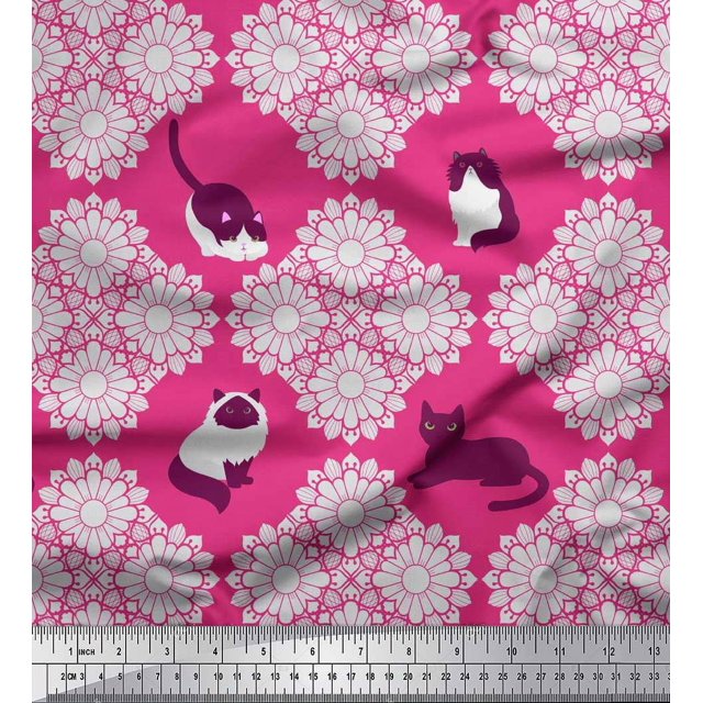 Soimoi Rayon Crepe Fabric Floral & Cat Animal Printed Fabric 1 Yard 46 Inch Wide