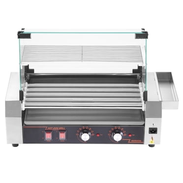 KFFKFF Hot Dog Roller, 12 Hot Dog 5 Rollers, Stainless Steel Sausage Grill Cooker, 750W Commercial Hot Dog Machine with Dual Temp Control, Cover, Side Storage Box