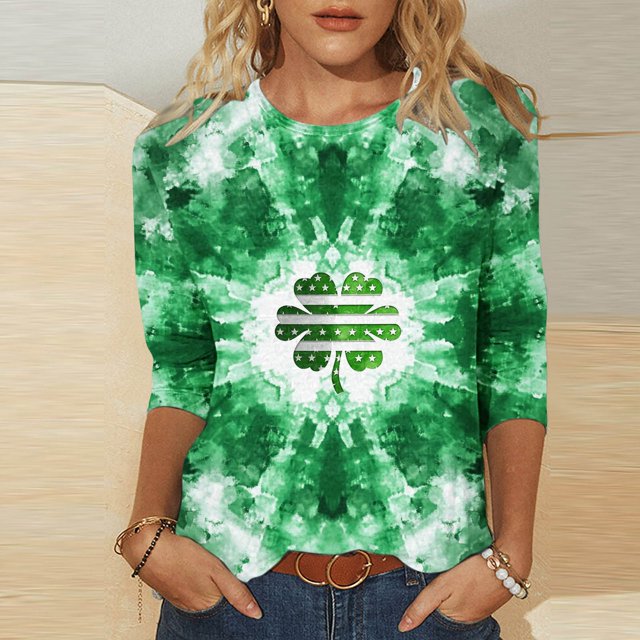 Mceream T-Shirt de la Saint-Patrick à Manches 3/4 pour Femme, Blouses à Col Rond, Décontracté, Vacances, Trèfle Irlandais, T-Shirts Graphiques, Tunique d'Été Amusante, Hauts de Festival, Grande Taille, Vert, M