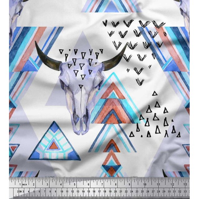 Soimoi Moss Georgette Fabric Triangle & Animal Face Printed Craft Fabric by the Yard 42 Inch Wide
