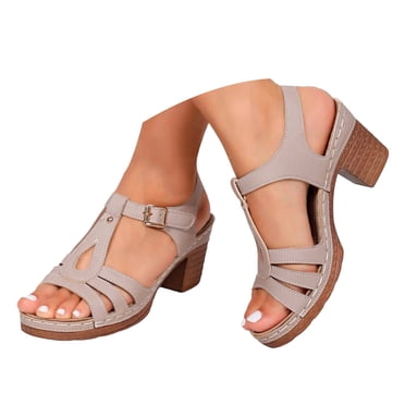 Dakaela Women's Orthopedic Sandals Arch Support Chunky Heel Pumps Summer Slip on Dress Shoes Khaki 9.5