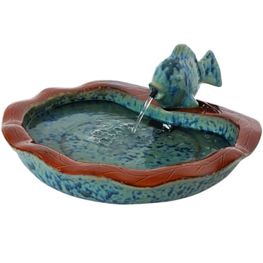 Sunnydaze 7"H Electric Green Glazed Ceramic Fish Outdoor Water Fountain - Aqua/Brown