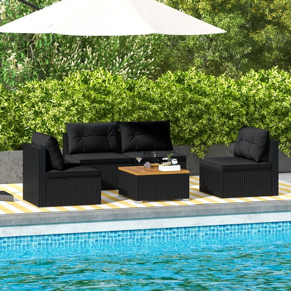 Gymax 5 Piece Outdoor Furniture Set w/ Seat & Back Cushions Acacia Wood Tabletop Black
