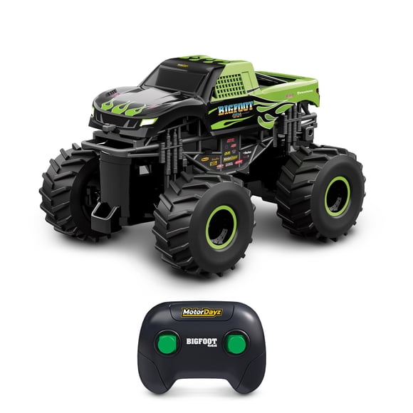 Motor Dayz 1:43 Scale RC Bigfoot Green Flames Monster Truck with LED Lights, 2.4GHz Wireless, Ages 4+