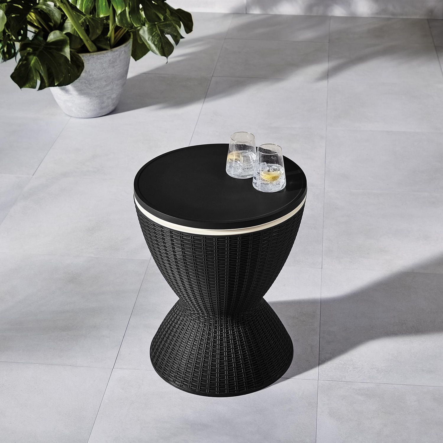 HOMETRENDS Round Faux Rattan Outdoor Side Table Cooler, Black