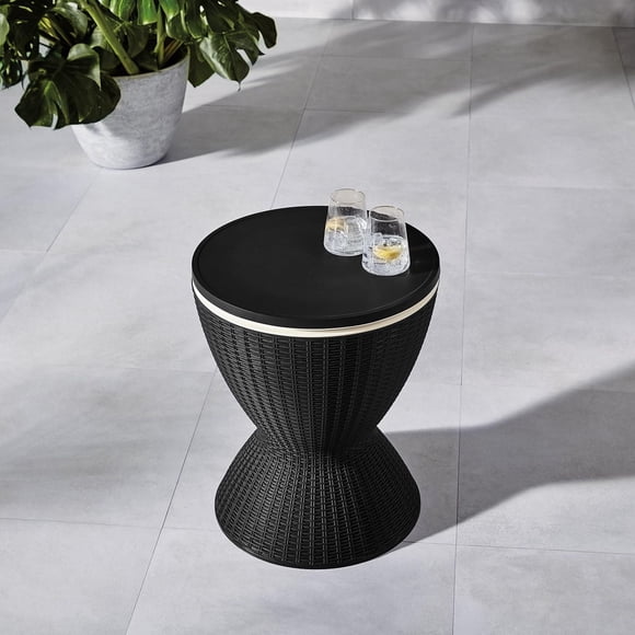 HOMETRENDS Round Faux Rattan Outdoor Side Table Cooler, Black