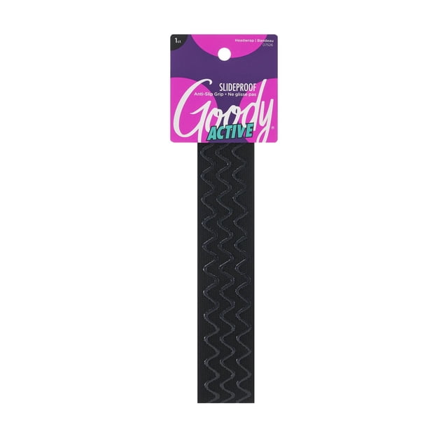 Goody Slideproof Extra Wide Triple Wave Headwrap in black with triple wave silicone non-slip grip on the inner side, displayed on purple and pink Goody Active packaging, designed for secure, damage-free hold during sports and workouts.