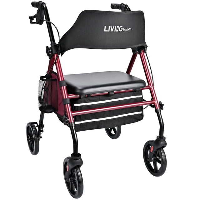 Rollator Walker for Seniors with Seat, adjustable height, and 8-inch wheels by LIVINGbasics. This folding rollator walker features a durable carbon steel frame with a red powder-coated finish, ergonomic handles, and a padded seat with a widened backrest for comfort. Includes a storage bag, cup holder, and reflective strips for nighttime visibility. Foldable design supports up to 300 lbs and offers smooth mobility on various terrains.