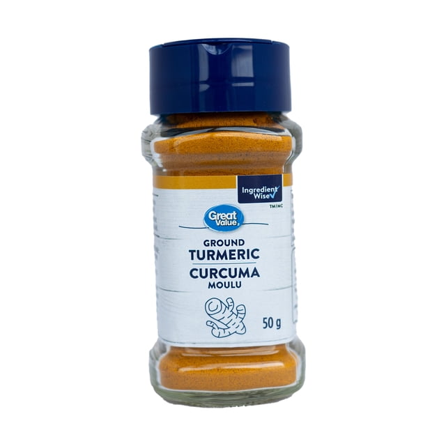 Great Value Ground Turmeric 50g in a clear glass jar with a dark blue lid, containing vibrant orange-yellow ground turmeric, labeled with the brand logo, product name in English and French, and a turmeric root illustration, ideal for seasoning and cooking curries and stews.
