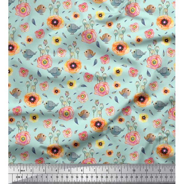 Soimoi Rayon Fabric Leaves,Bird & Anemone Floral Decor Fabric Printed Yard 42 Inch Wide