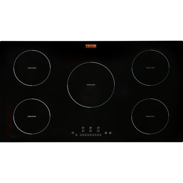 VEVOR Electric Cooktop, 5 Burners, 36'' Induction Stove Top with a sleek black vitroceramic glass surface. Designed for built-in installation, it features LED touch screen controls, 9 heating levels, and a 9200W power output for efficient cooking. Includes child lock, over-temperature protection, and is suitable for various cookware like cast iron and stainless steel pots. Ideal for modern kitchens and large appliances setups.