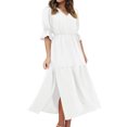thumbnail image 1 of LOVZFMLL Robe Mode pour Femme à Manches Mi-Longues, Col en V, Ample, Unie, Longueur Cheville, Longue Fendue, Blanche, P, 1 of 7