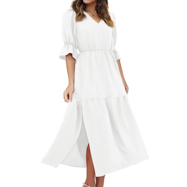 LOVZFMLL Robe Mode pour Femme à Manches Mi-Longues, Col en V, Ample, Unie, Longueur Cheville, Longue Fendue, Blanche, P