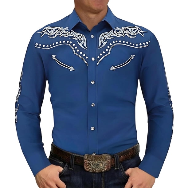 Men's Western Long Sleeve Shirt with Embroidered Detail for Everyday Casual Wear and Comfortable Slim Fit Button-Down Design