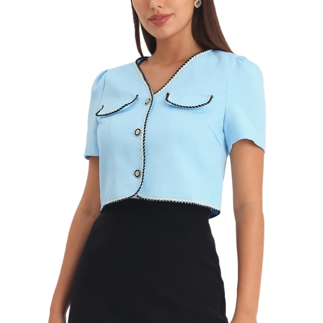 INSPIRE CHIC Veste en Tweed pour Femme à Contraste de Couleurs, Boutonnée, Manches Courtes, Blazer de Travail/bureau, Bleu Pâle, TG