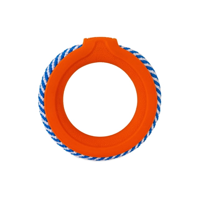 Chuckit! FetchTug 2-in-1 Fetch & Rope Tug Dog Toy with a bright orange durable rubber ring featuring textured grip and a blue and white braided rope wrapped around the outer edge, designed for fetch and tug-of-war games.