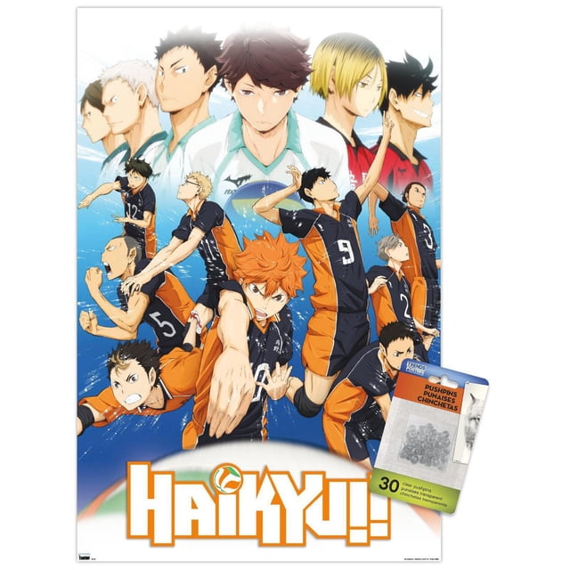 Haikyu!! - Affiche Murale Key Art 2, 22,375 Po x 34 Po Encadrée Représentant des Joueurs de volleyball d'Anime en Uniformes Noirs et orange dans des poses d'Action Dynamiques sur Fond Bleu, avec des images Plus Grandes et Délavées de Joueurs en Chandails Blancs et Rouges au-Dessus et le logo Haikyu!! au Bas, Convient à la Décoration Murale de Chambre Ou de Bureau.